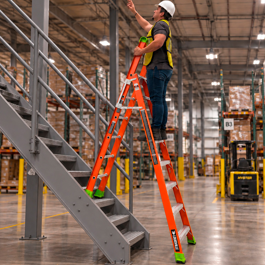 Louisville fiberglass combination ladder configured for use on stairs.