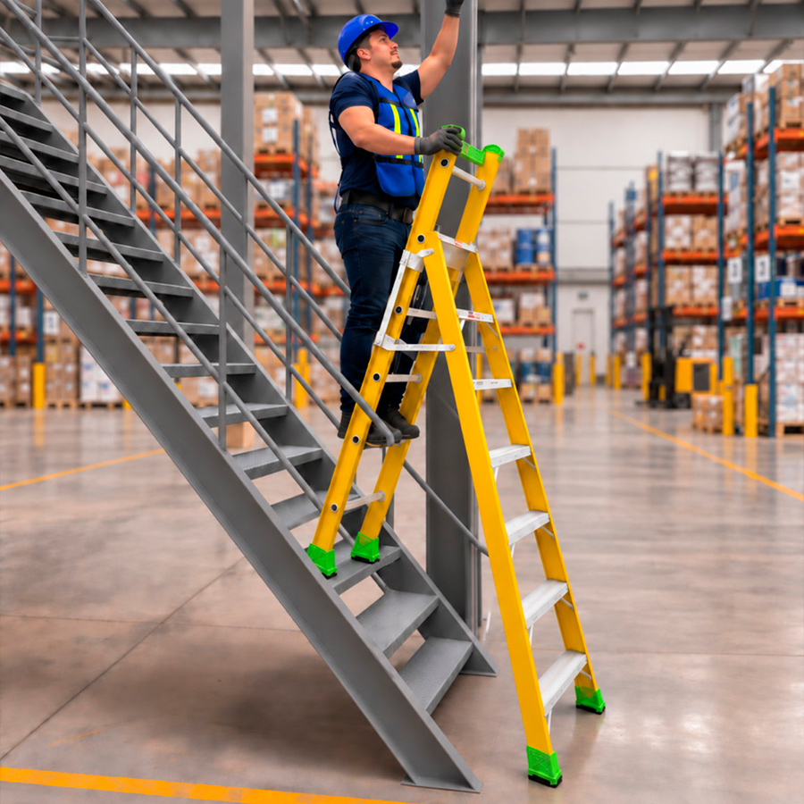 Louisville fiberglass combination ladder configured for use on stairs.