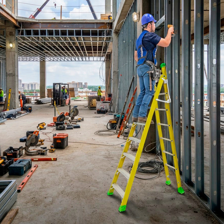 Louisville combination ladder used as a stepladder for professional work.
