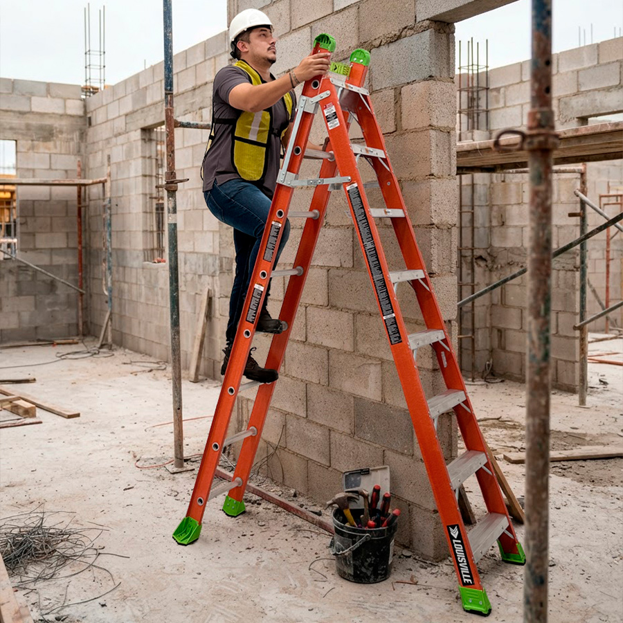Louisville combination ladder used as a stepladder for professional work.